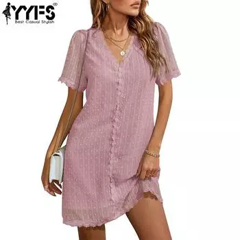 YYFS женские модные летние весенние однотонные повседневные платья с короткими рукавами и v-образным вырезом с принтом M белый