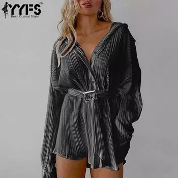 YYFS женские модные летние весенние однотонные повседневные платья с длинным рукавом и воротником-поло с принтом S чёрный