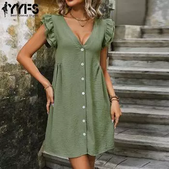 YYFS женские модные летние весенние однотонные повседневные платья без рукавов с v-образным вырезом и высокой талией S зелёный
