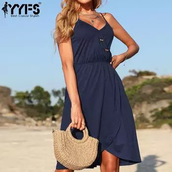 YYFS женские модные летние весенние однотонные повседневные платья без рукавов с подтяжками и v-образным вырезом с высокой талией S чёрный