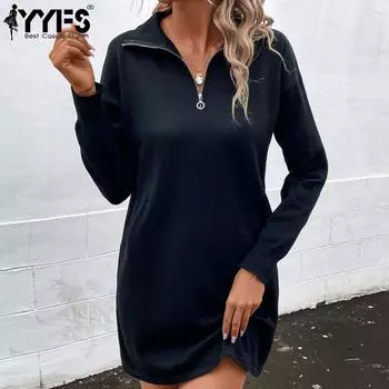 YYFS женские модные летние весенние однотонные повседневные платья с длинным рукавом и воротником-поло с принтом S