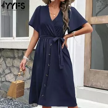 YYFS женские модные летние весенние однотонные повседневные платья с короткими рукавами и v-образным вырезом и высокой талией S бордовый