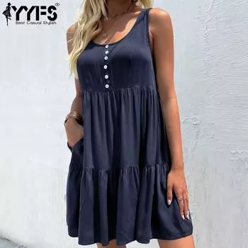 YYFS женские модные летние весенние однотонные повседневные платья без рукавов с u-образным вырезом и принтом S армия зеленый