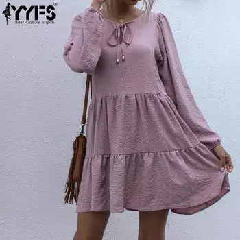 YYFS женские модные летние весенние однотонные повседневные платья с длинным рукавом и круглым вырезом с принтом S чёрный