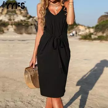 YYFS женские модные летние весенние однотонные повседневные платья без рукавов с подтяжками и v-образным вырезом S чёрный