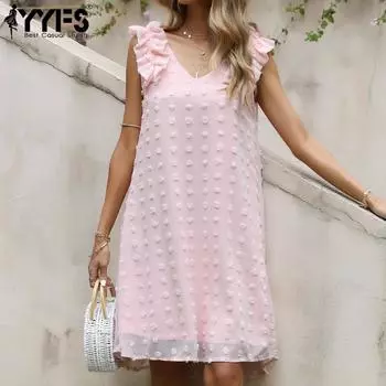 YYFS женские модные летние весенние однотонные повседневные платья без рукавов с v-образным вырезом и принтом S розовый