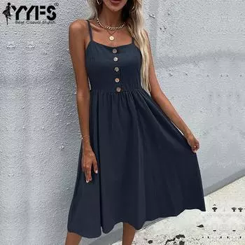 YYFS женские модные летние весенние однотонные повседневные платья без рукавов с подтяжками и принтом