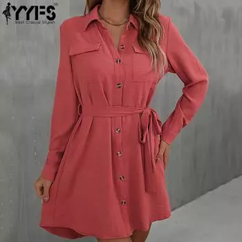 YYFS женские модные летние весенние однотонные повседневные платья с длинным рукавом и воротником-поло с принтом S