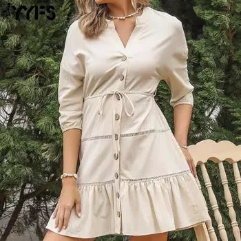 YYFS женские модные летние весенние однотонные повседневные платья с рукавами 1/2 и v-образным вырезом и пуговицами S абрикосовый