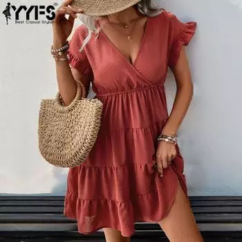 YYFS женские модные летние весенние однотонные повседневные платья с коротким рукавом и v-образным вырезом со средней талией S оранжевый