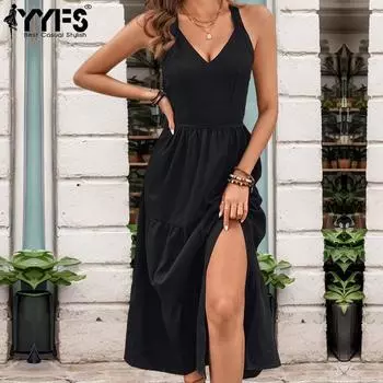 YYFS женские модные летние весенние однотонные повседневные платья без рукавов с v-образным вырезом и высокой талией S чёрный