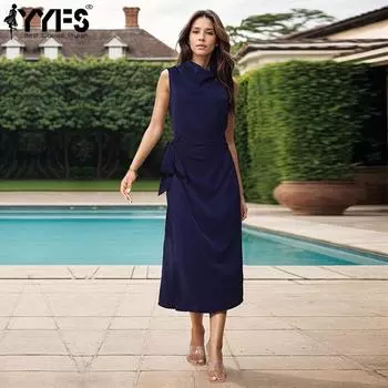 YYFS женские модные летние весенние однотонные повседневные платья без рукавов с принтом S темно-синий