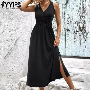 YYFS женские модные летние весенние однотонные повседневные платья без рукавов с v-образным вырезом и принтом S