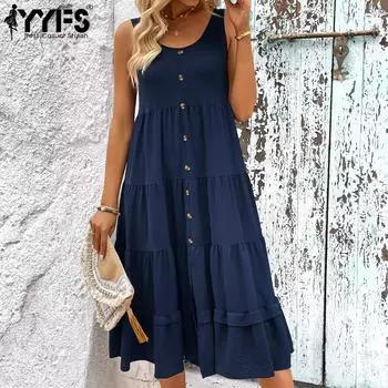 YYFS женские модные летние весенние однотонные повседневные платья без рукавов с u-образным вырезом и принтом S
