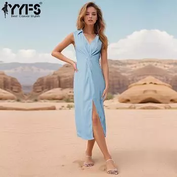 YYFS женские модные летние весенние однотонные повседневные платья без рукавов с принтом поло со средней талией S синий