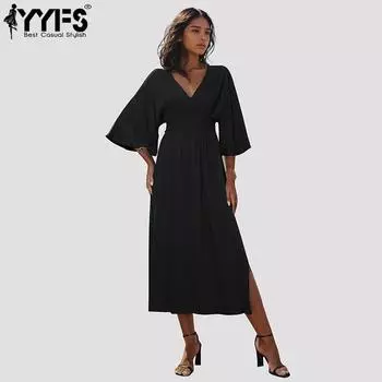 YYFS женские модные летние весенние однотонные повседневные платья с рукавами 1/2 и v-образным вырезом и высокой талией S чёрный