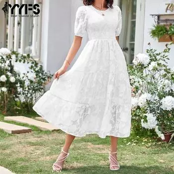 YYFS женские модные летние весенние однотонные повседневные платья с коротким рукавом и круглым вырезом с высокой талией и принтом S белый