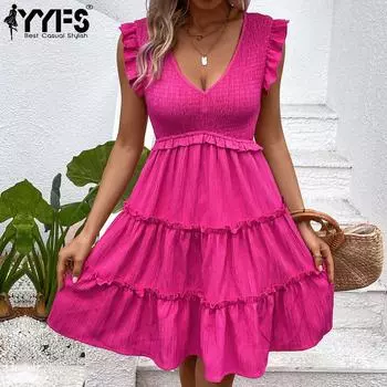 YYFS женские модные летние весенние однотонные повседневные платья без рукавов с v-образным вырезом и принтом S
