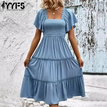YYFS женские модные летние весенние однотонные повседневные платья с короткими рукавами и квадратным воротником с принтом S синий
