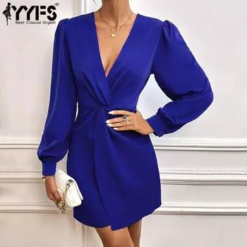 YYFS женские модные летние весенние однотонные повседневные платья с длинным рукавом и v-образным вырезом с принтом XS синий