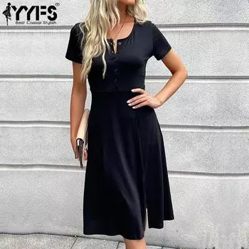 YYFS женские модные летние весенние однотонные повседневные платья с короткими рукавами и круглым вырезом с принтом S чёрный