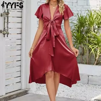 YYFS женские модные летние весенние однотонные повседневные платья с короткими рукавами и v-образным вырезом и высокой талией