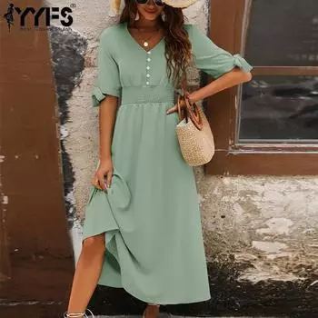 YYFS женские модные летние весенние однотонные повседневные платья с коротким рукавом и v-образным вырезом со средней талией S зелёный