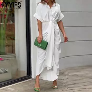 YYFS женские модные летние весенние однотонные повседневные платья с короткими рукавами и воротником-поло с высокой талией и принтом S розовый