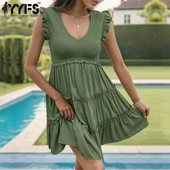 YYFS женские модные летние весенние однотонные повседневные платья без рукавов с v-образным вырезом и высокой талией S армия зеленый