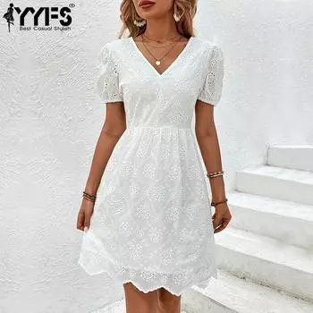 YYFS женские модные летние весенние однотонные повседневные платья с короткими рукавами и v-образным вырезом и высокой талией S белый