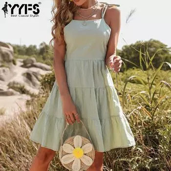 YYFS женские модные летние весенние однотонные повседневные платья без рукавов с подтяжками и высокой талией L зелёный