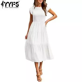 YYFS женские модные летние весенние однотонные повседневные платья с короткими рукавами и круглым вырезом с принтом S