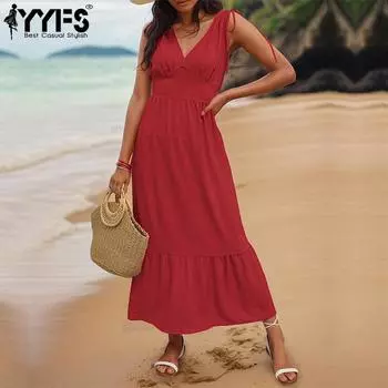 YYFS женские модные летние весенние однотонные повседневные платья без рукавов с v-образным вырезом и высокой талией S красный