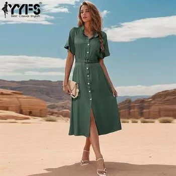 YYFS женские модные летние весенние однотонные повседневные платья с короткими рукавами и принтом поло со средней талией S темно-зеленого