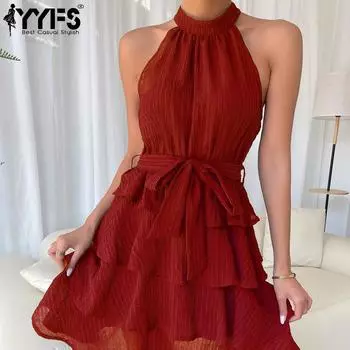 YYFS женские модные летние весенние однотонные повседневные платья без рукавов со средней талией и принтом S красный