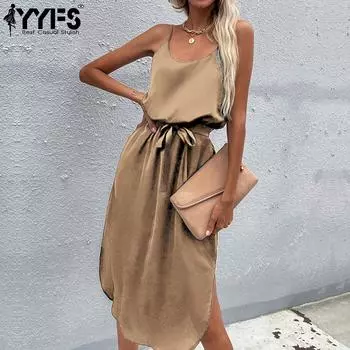 YYFS женские модные летние весенние однотонные повседневные платья без рукавов с подтяжками и U-образным вырезом S красный