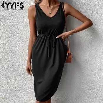 YYFS женские модные летние весенние однотонные повседневные платья без рукавов с подтяжками и v-образным вырезом M