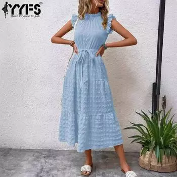 YYFS женские модные летние весенние однотонные повседневные платья без рукавов с высокой талией и принтом S чёрный