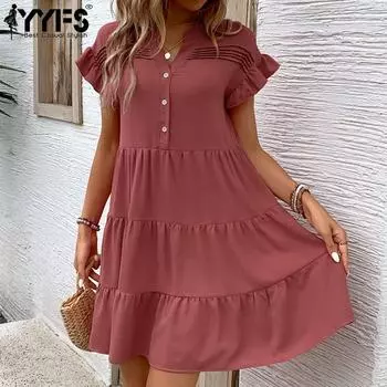 YYFS женские модные летние весенние однотонные повседневные платья с коротким рукавом и v-образным вырезом, свободные талии S кирпич красный
