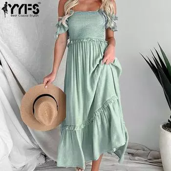 YYFS женские модные летние весенние однотонные повседневные платья без рукавов с высокой талией и принтом S синий