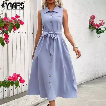 YYFS женские модные летние весенние однотонные повседневные платья без рукавов с принтом поло со средней талией S синий