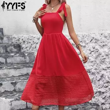 YYFS женские модные летние весенние однотонные повседневные платья без рукавов с квадратным воротником и принтом S красный