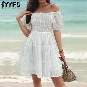 YYFS женские модные летние весенние однотонные повседневные платья на одно плечо с короткими рукавами и принтом S белый
