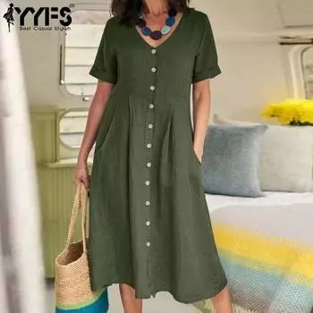 YYFS женские модные летние весенние однотонные повседневные платья с короткими рукавами и v-образным вырезом и высокой талией S чёрный