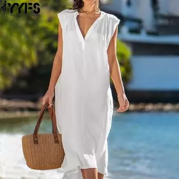 YYFS женские модные летние весенние однотонные повседневные платья без рукавов с v-образным вырезом и высокой талией S белый