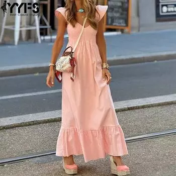 YYFS женские модные летние весенние однотонные повседневные платья без рукавов с v-образным вырезом и высокой талией S розовый
