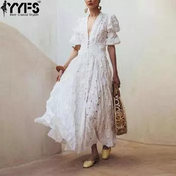 YYFS женские модные летние весенние однотонные повседневные платья с короткими рукавами и v-образным вырезом и высокой талией S белый