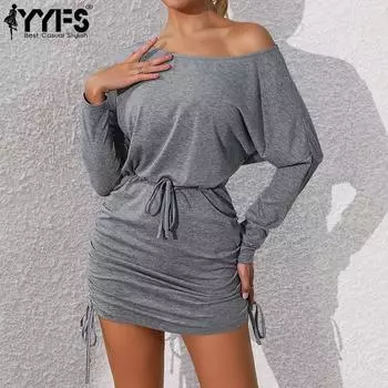 YYFS женские модные летние весенние однотонные повседневные платья с длинным рукавом и круглым вырезом с высокой талией и принтом S темно-серого