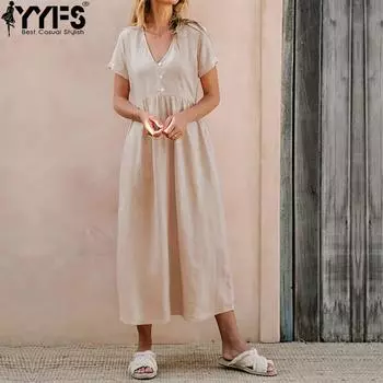 YYFS женские модные летние весенние однотонные повседневные платья с коротким рукавом и v-образным вырезом, свободные талии S абрикосовый