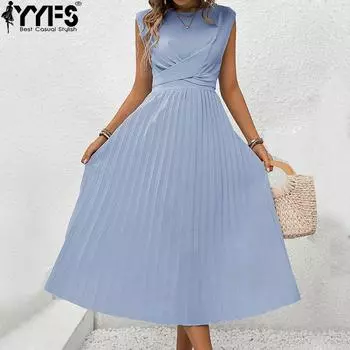YYFS женские модные летние весенние однотонные повседневные платья без рукавов с круглым вырезом и высокой талией S синий
